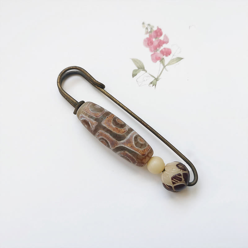 Buddhist Blessing Nine-Eye Dzi Bead Bodhi Seed Lotus Protection Brooch