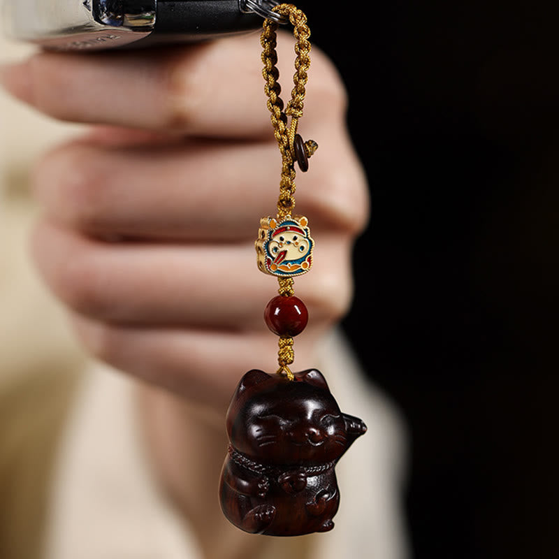 Buddhist Blessing Small Leaf Red Sandalwood Green Sandalwood Sandalwood Lucky Cat Protection Key Chain Phone Hanging Decoration