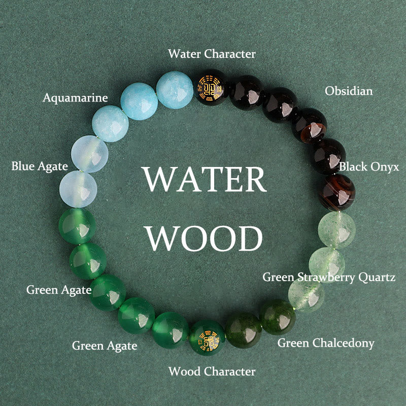 Buddhist Blessing Five Elements Various Agate Crystal Black Onyx Green Chalcedony Aquamarine Wisdom Bracelet
