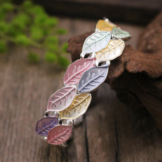 Buddhist Blessing Colorful Leaves Alloy Luck Elastic Bracelet Bangle