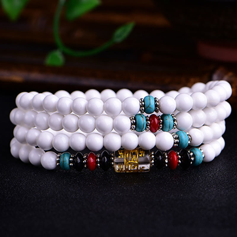 Buddhist Blessing 108 Mala Beads White Porcelain Six True Words 'Om Mani Padme Hum' Patience Bracelet
