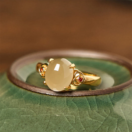 Buddhist Blessing Natural Hetian Jade Egg Heart-shaped Copper Luck Open Ring