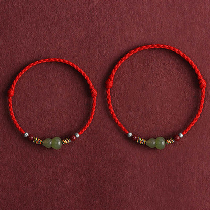 Buddhist Blessing Natural Hetian Jade Gourd Protection Luck Braided Bracelet Anklet