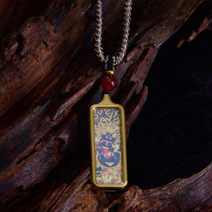 Buddhist Blessing Tibet Zakiram Yellow God of Wealth Nine Tailed Fox Hand-Painted Thangka Calm Necklace Pendant