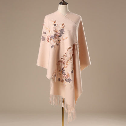 Buddhist Blessing Wool Shawl White Pink Flowers Golden Leaves Embroidery Tassel Winter Cozy Travel Scarf Wrap