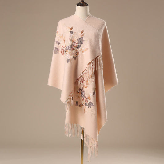 Buddhist Blessing Wool Shawl White Pink Flowers Golden Leaves Embroidery Tassel Winter Cozy Travel Scarf Wrap