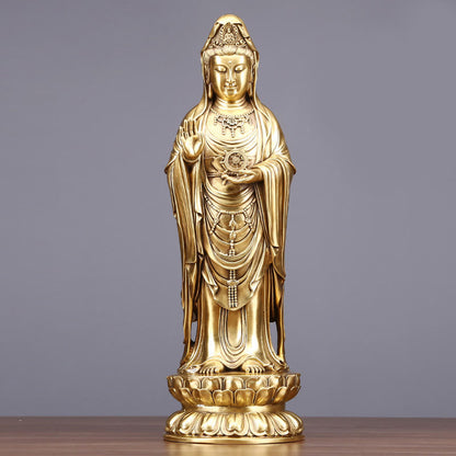 Buddhist Blessing Kwan Yin Avalokitesvara Holding The Dharma Wheel Wealth Brass Copper Statue Decoration