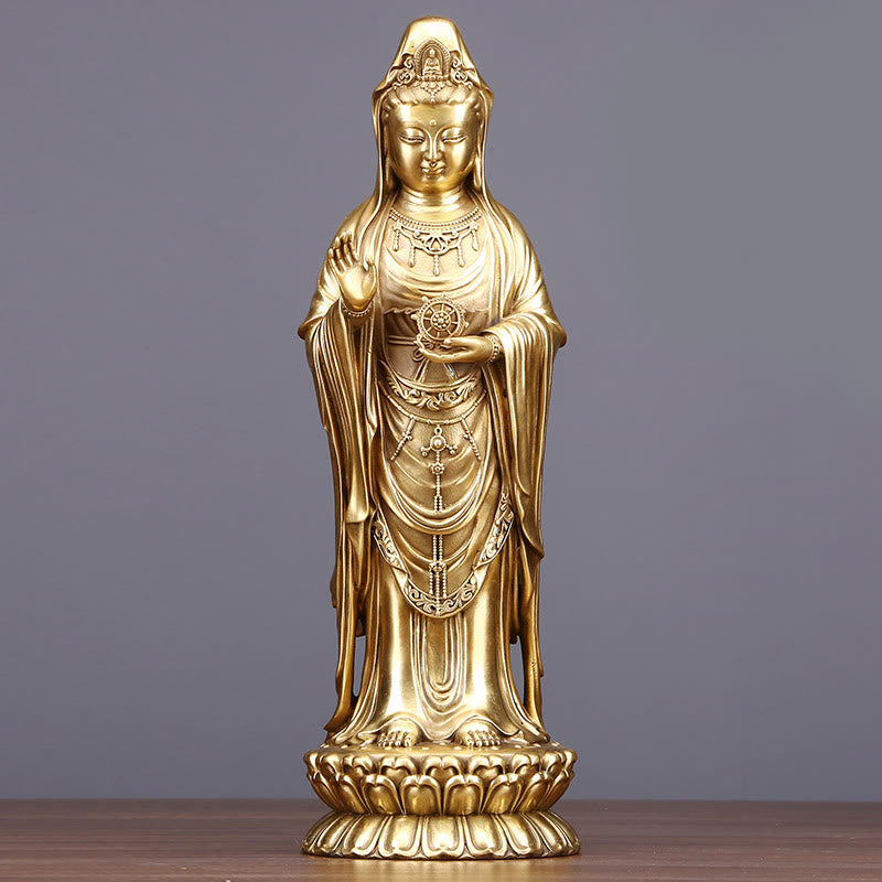 Buddhist Blessing Kwan Yin Avalokitesvara Holding The Dharma Wheel Wealth Brass Copper Statue Decoration