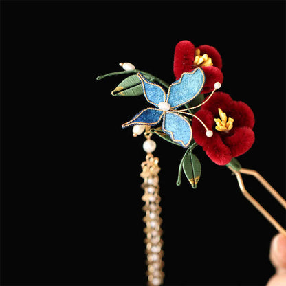 Buddhist Blessing Classical Chinese Style Red Flower Blue Butterfly Hairpin Hair Clip Hair Comb Barrette
