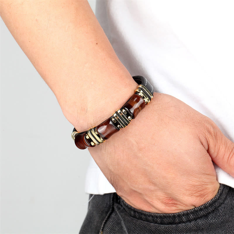 Buddhist Blessing Tiger Eye Three Bamboo Stone Protection Power Leather Bracelet