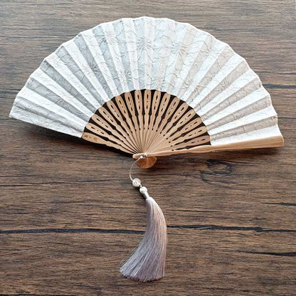 Buddhist Blessing Solid Color Hollow Flowers Embroidery Cotton Fabric Handheld Bamboo Folding Fan