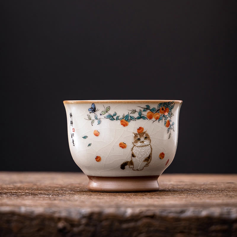 Buddhist Blessing Cute Cat Butterfly Teacup Kung Fu Tea Cup