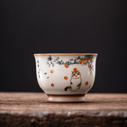 Buddhist Blessing Cute Cat Butterfly Teacup Kung Fu Tea Cup