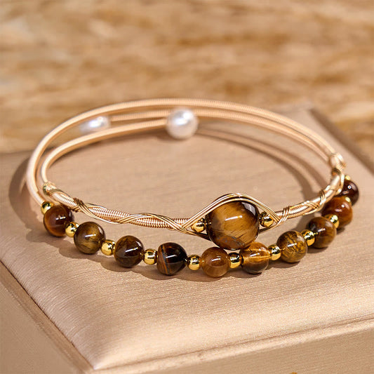 Buddhist Blessing 14K Gold Filled Copper Natural Tiger Eye Protection Metal Cuff Bracelet Bangle