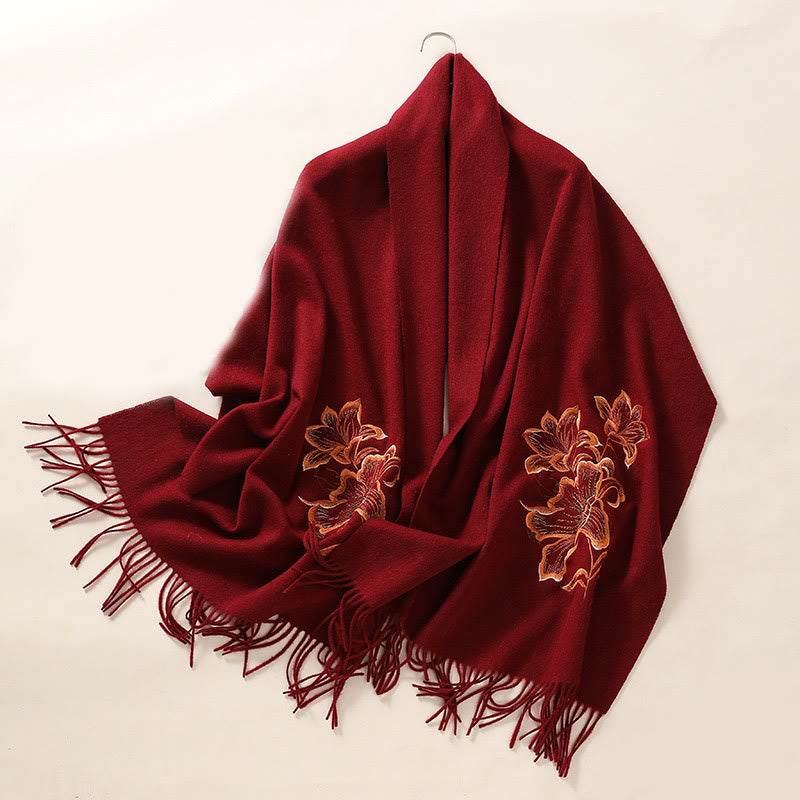 Buddhist Blessing Wool Shawl Lily Embroidery Tassel Winter Cozy Travel Scarf Wrap