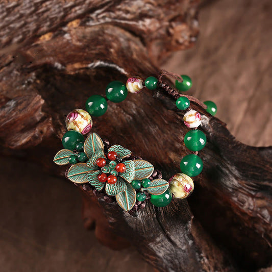 Buddhist Blessing Green Agate Glass Flower Beads Braided Knot Support Bracelet