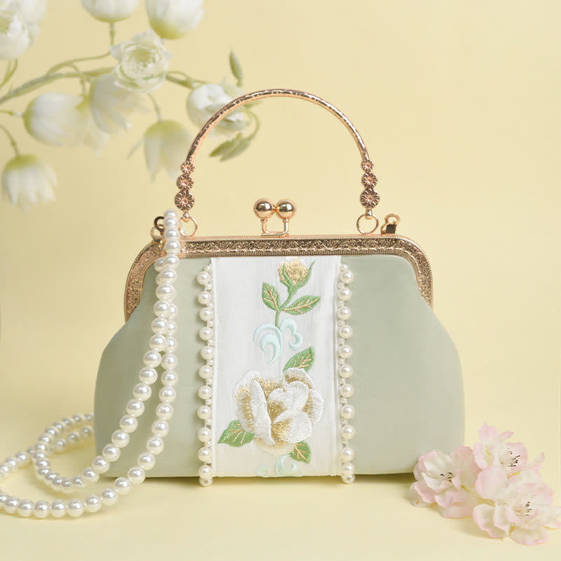 Buddhist Blessing Double-sided Flowers Embroidery Pearl Pendant Metal Chain Crossbody Bag Handbags
