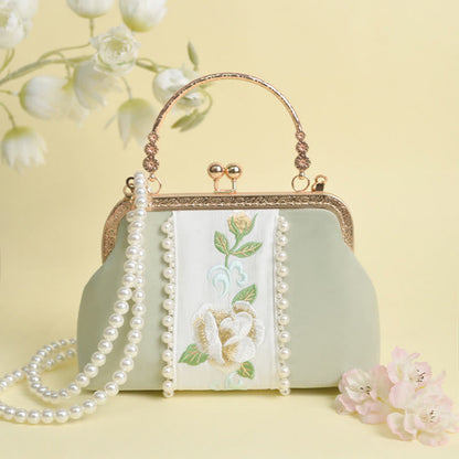 Buddhist Blessing Double-sided Flowers Embroidery Pearl Pendant Metal Chain Crossbody Bag Handbags