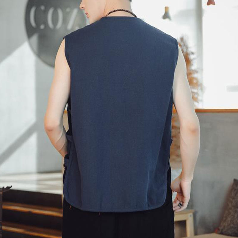Buddhist Blessing Casual Chinese Frog-Button Men's Cotton Vest Waistcoat With Pockets