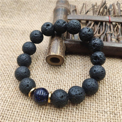 Buddhist Blessing Lava Rock Goldstone Blue Sandstone Healing Bracelet