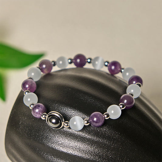 Buddhist Blessing Natural Amethyst White Cat's Eye Beads Balance Bracelet
