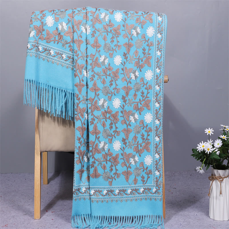 Buddhist Blessing Polyester Shawl Cashew Flowers Embroidery Tassel Winter Cozy Travel Scarf Wrap