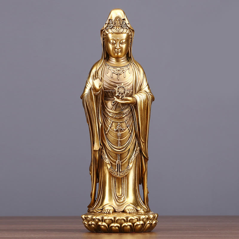 Buddhist Blessing Kwan Yin Avalokitesvara Holding The Dharma Wheel Wealth Brass Copper Statue Decoration