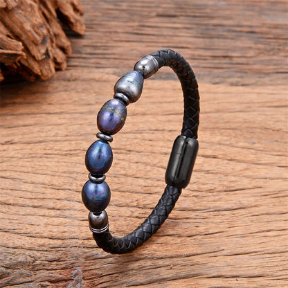 Buddhist Blessing Handmade Irregular Shaped Pearls Healing Leather Titanium Steel Buckle Bracelet