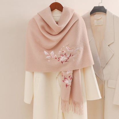 Buddhist Blessing Wool Shawl Pink White Flower Embroidery Tassel Winter Cozy Travel Scarf Wrap