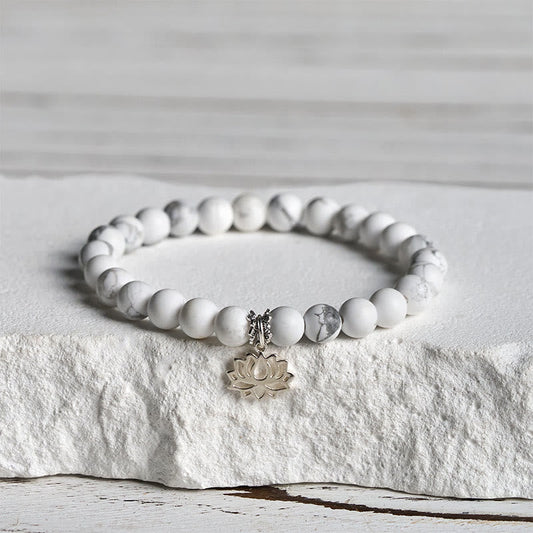 Buddhist Blessing 925 Sterling Silver Lotus Design Natural White Turquoise Wealth Bracelet