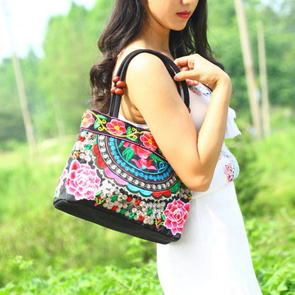 Buddhist Blessing Money Tree Peony Phoenix Apple Blossom Double-Sided Embroidery Cotton Canvas Shopping Purse Handbag