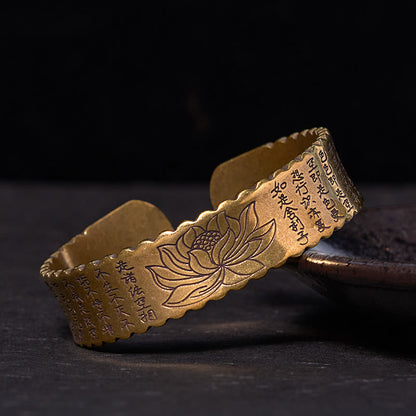 Buddhist Blessing Heart Sutra Lotus Flower Copper Brass Peace Enlightenment Cuff Bracelet Bangle