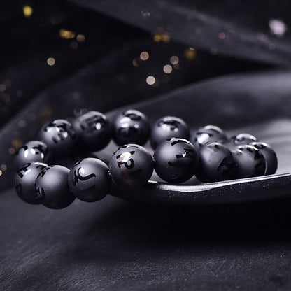 Buddhist Blessing Natural Black Onyx Om Mani Padme Hum Carved Protection Bracelet