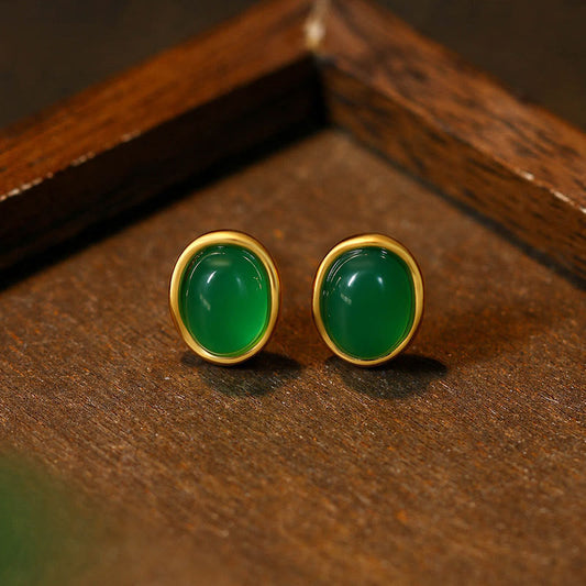 Buddhist Blessing 925 Sterling Silver Golden Green Chalcedony Strength Earrings
