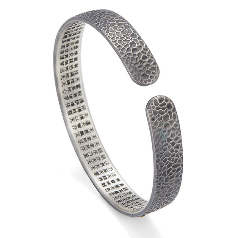 Buddhist Blessing Retro 999 Sterling Silver Heart Sutra Auspicious Cloud Wealth Cuff Bracelet Bangle