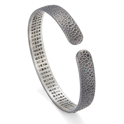 Buddhist Blessing Retro 999 Sterling Silver Heart Sutra Auspicious Cloud Wealth Cuff Bracelet Bangle
