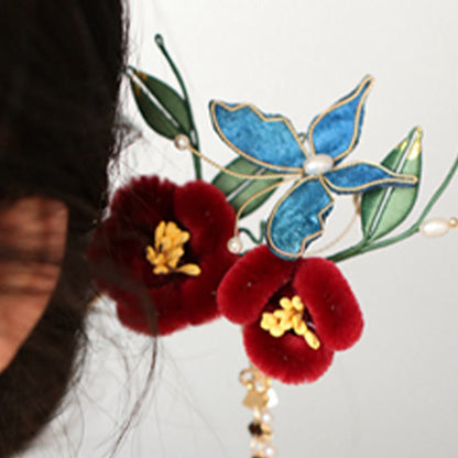 Buddhist Blessing Classical Chinese Style Red Flower Blue Butterfly Hairpin Hair Clip Hair Comb Barrette