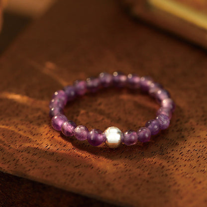 Buddhist Blessing 925 Sterling Silver Crystal Beads White Jade Black Onyx Blessing Elastic Ring