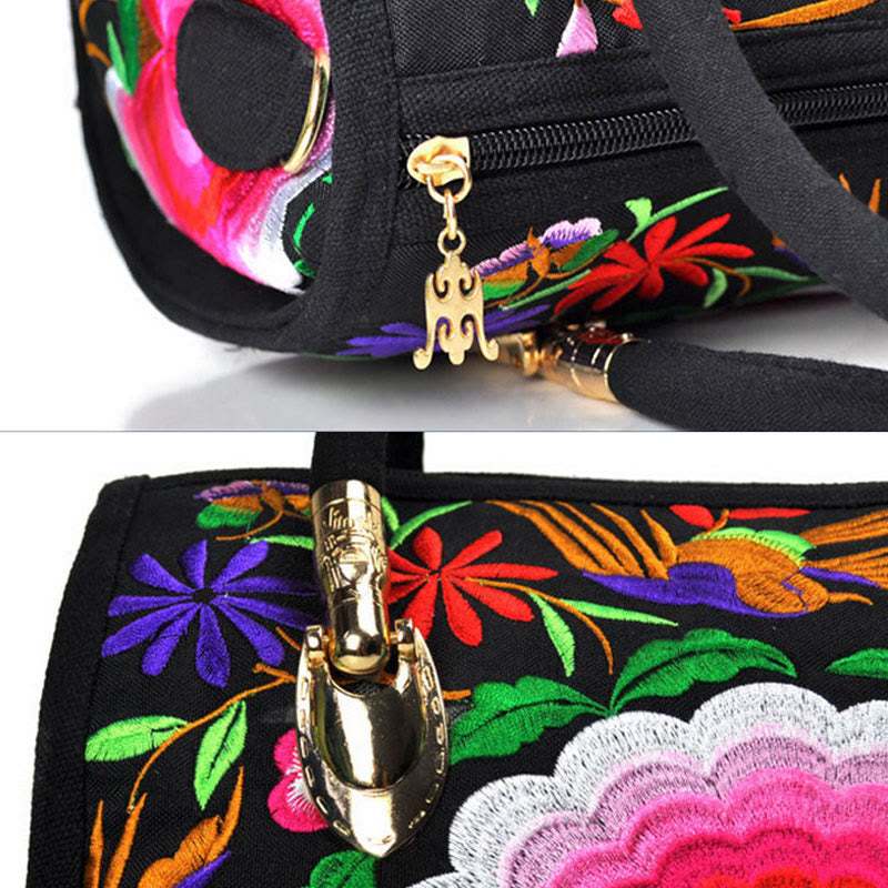 Buddhist Blessing Money Tree Peony Camellia Double-Sided Embroidery Canvas Shopping Purse Handbag Crossbody Bag