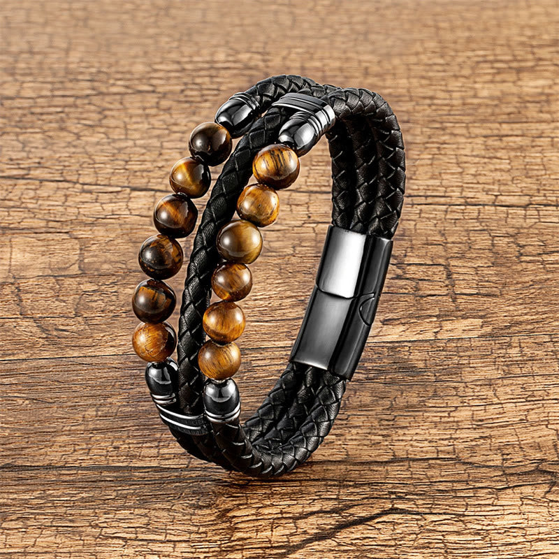 Buddhist Blessing Tiger Eye Hematite Lava Rock Black Onyx Lazurite Beads Protection Strength Leather Bracelet