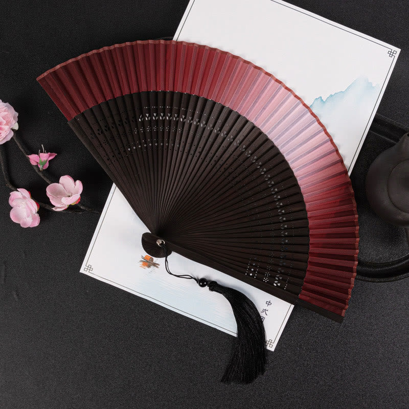 Buddhist Blessing Cranes Auspicious Clouds Solid Color Gradient Handheld Cotton Linen Fabric Bamboo Folding Fan