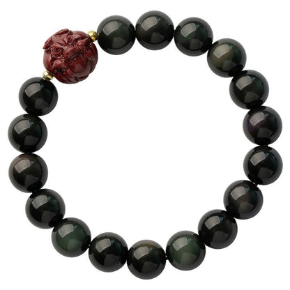 Buddhist Blessing Chinese Zodiac Natural Black Obsidian Cinnabar Purification Bracelet