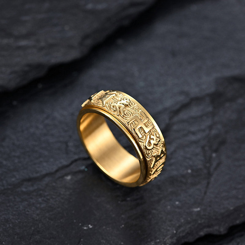 Buddhist Blessing Six True Words Balance Calm Titanium Steel Ring (Extra 30% Off | USE CODE: FS30)