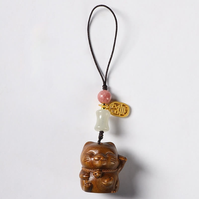 Buddhist Blessing Small Leaf Red Sandalwood Green Sandalwood Sandalwood Lucky Cat Protection Key Chain Phone Hanging Decoration