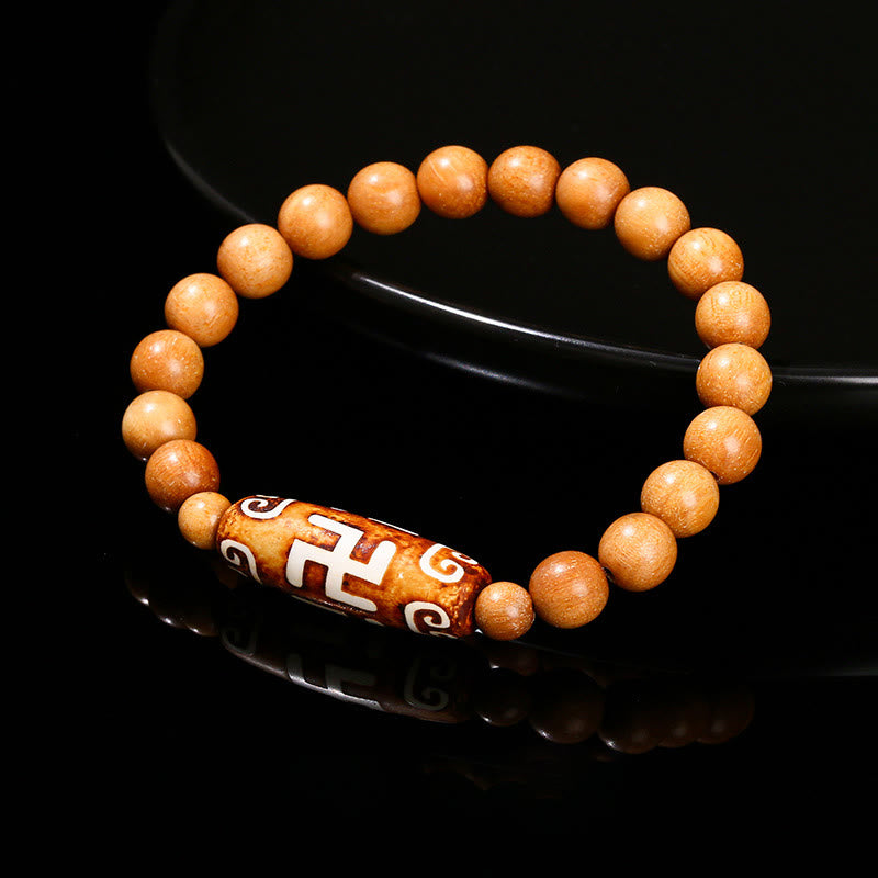 Buddhist Blessing Tibetan Nine-eye Dzi Bead Natural Sandalwood White Cat's Eye Agate Power Protection Bracelet
