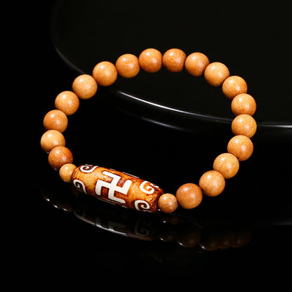 Buddhist Blessing Tibetan Nine-eye Dzi Bead Natural Sandalwood White Cat's Eye Agate Power Protection Bracelet
