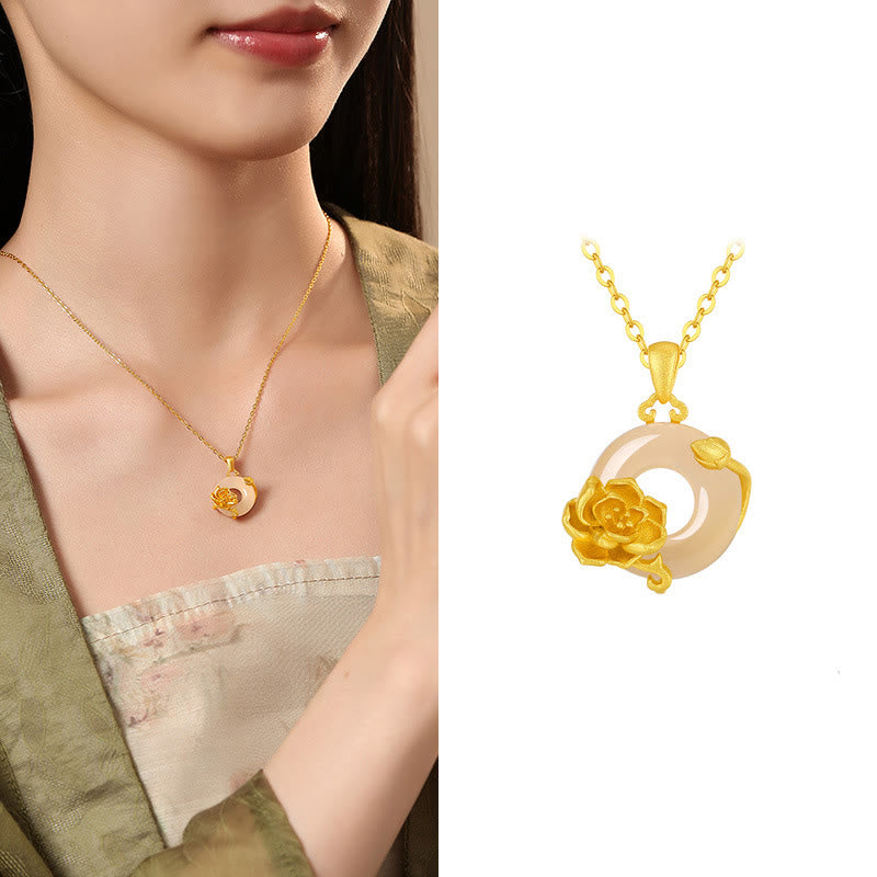 Buddhist Blessing Chalcedony 925 Sterling Silver Peace Buckle Flowers Necklace Pendant
