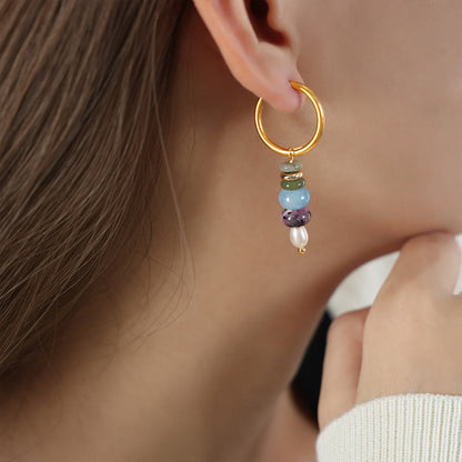 Buddhist Blessing Tibetan Marnyi Stone Design Natural Red Agate Pearl Confidence Titanium Steel Earrings