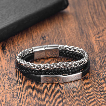 Buddhist Blessing Woven Pattern Titanium Steel Stimulation Multi-layer Leather Buckle Bracelet