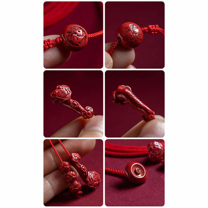 Buddhist Blessing Natural Cinnabar Chinese Zodiac Ruyi Handle Fu Character Lotus Blessing Red String Belly Chain